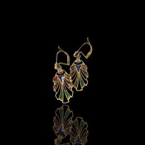 14 krt. gouden oorhangers met diamanten en venster emaille versieringen