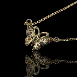 14 krt. Gouden vlinder hanger met briljanten, robijnen en saffieren