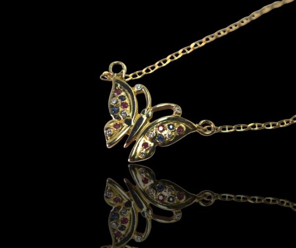 14 krt. Gouden vlinder hanger met briljanten, robijnen en saffieren