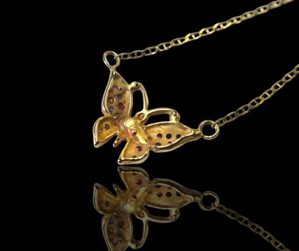 14 krt. Gouden vlinder hanger met briljanten, robijnen en saffieren - Afbeelding 2
