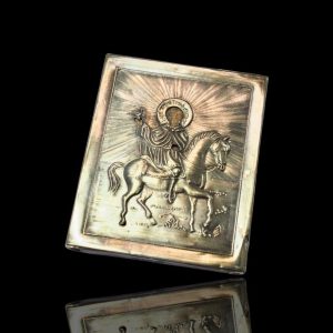 Antieke zilveren reis icoon, Rusland 19e eeuw, zeer mooi gedreven, met voorstelling van ruiter met duif