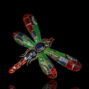 Gouden en zilveren libelle broche/hanger met emaille en edelstenen
