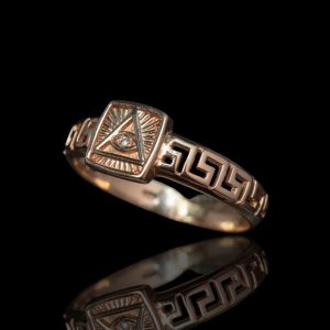 Vrijmetselaars 14 krt rosé gouden ring met een alziend oog en briljant