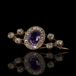 14 krt. gouden antieke Victoriaanse broche met amethist en roosgeslepen diamanten