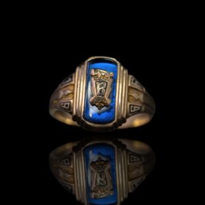 10 krt. Amerikaanse college ring uit 1966 emaille versiering en gouden applique met panter