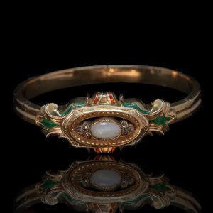 18 krt antieke gouden armband met opaal, diamanten en emaille versiering, Zwitserland, ca. 1890