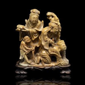 Fraai gesneden antiek spekstenen sculptuur met voorstelling van een oud Chinees verhaal, 19e eeuw