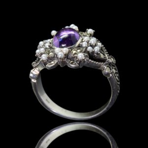Zilveren ring met turkoois en parels in hartvorm